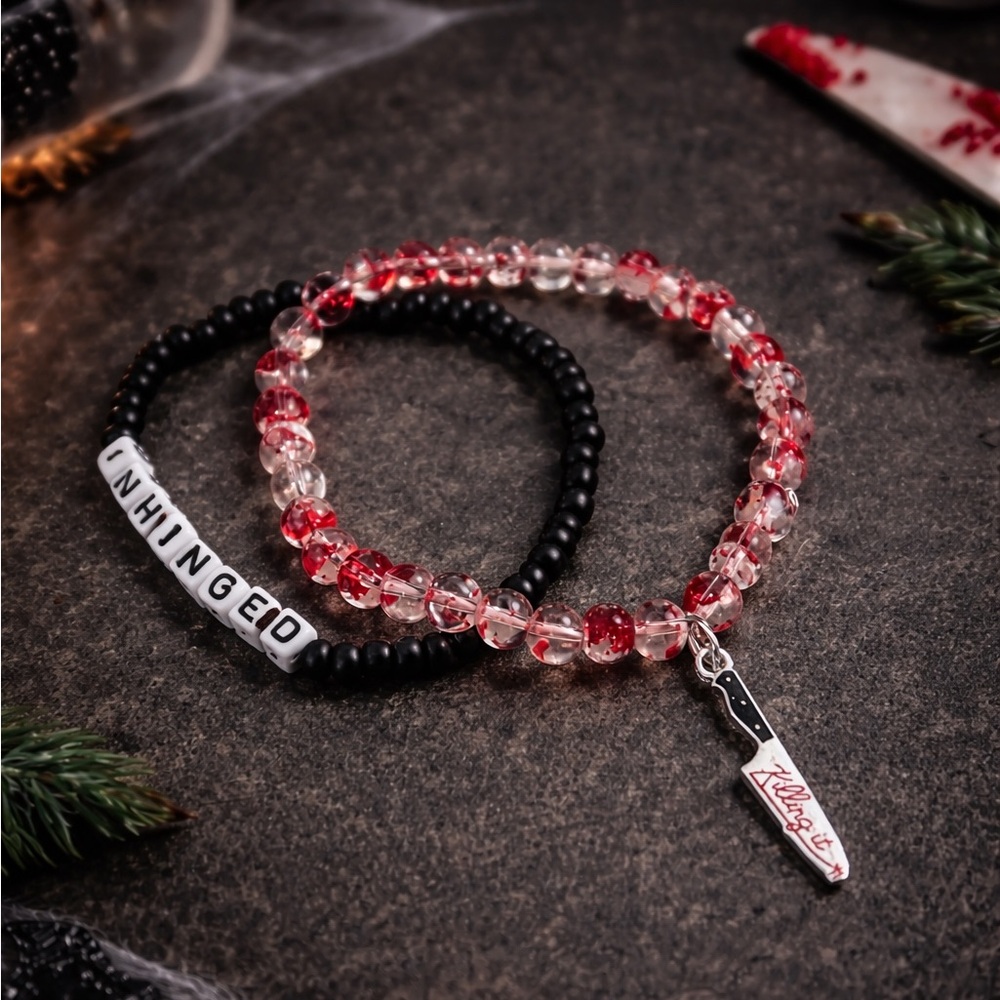 Unhinged Killer Bracelet Set 🩸 | Blood Splatter Beaded Bracelet + Knife Charm